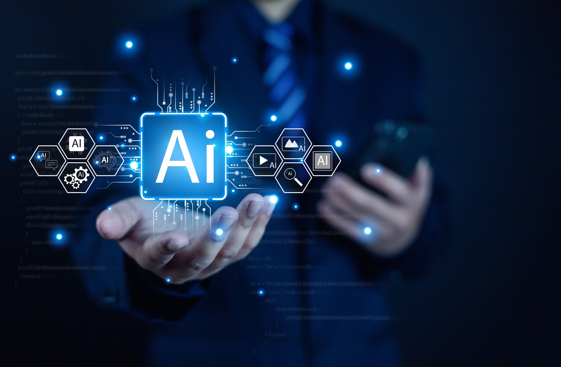 A businessman holding a glowing AI interface symbolizing advanced technology, digital innovation, and data intelligence for modern business solutions in automation, analytics, and future tech development.