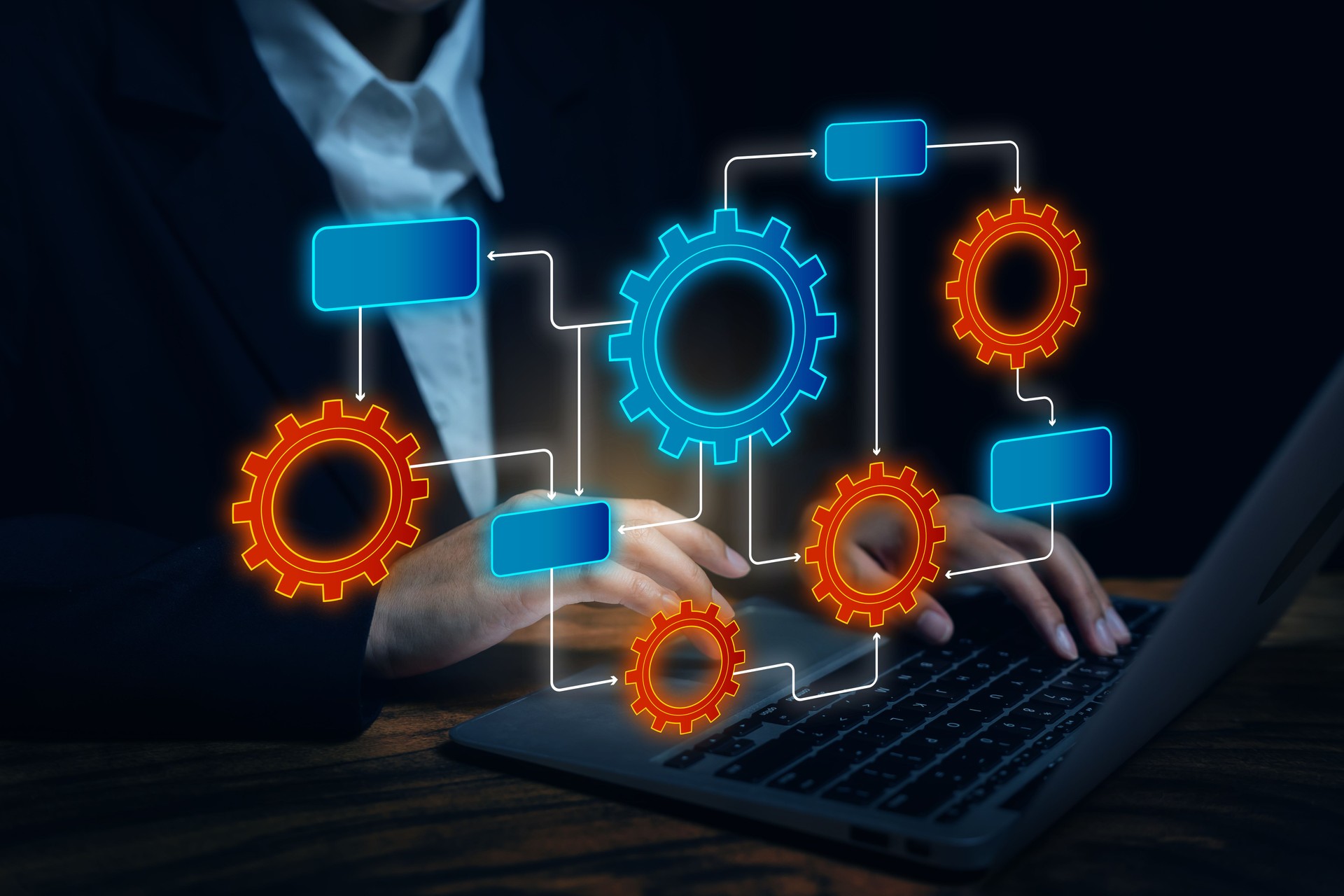 Businesswoman typing on laptop with digital gear system, process automation, workflow efficiency, innovation, system management, business optimization, productivity concept